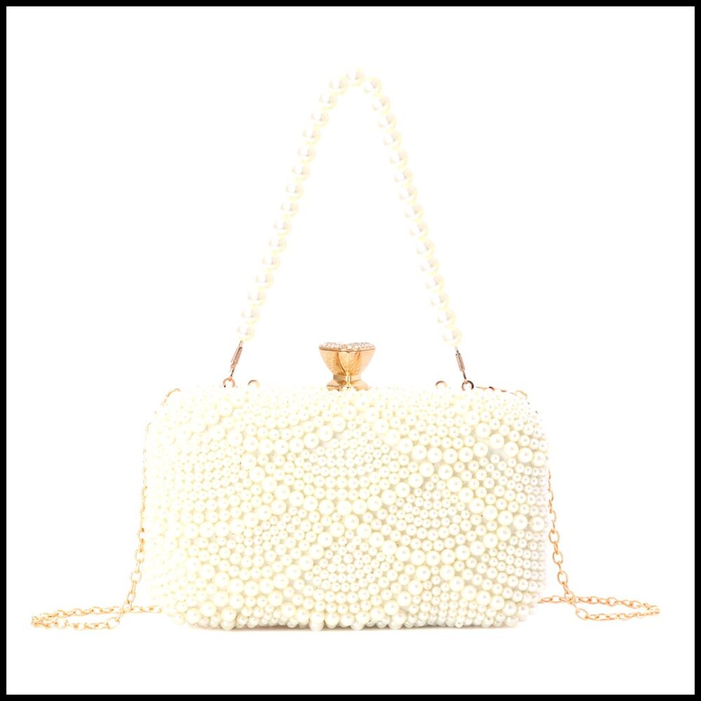 Pearl Beaded Clutch Purse Elegant Evening Bag with Detachable Chain Strap